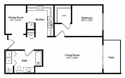 Floor plan for 1 bed, 1 bath, 760 sqft